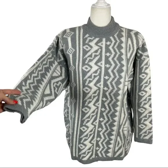 Kitty Hawk Retro Mix Print 80s Pullover Knit Sweater with Shoulder Pads Medium - Picture 4 of 13